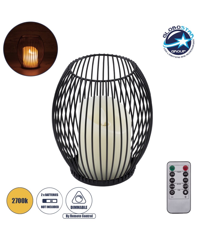 GloboStar® CANDLE 76495 Διακοσμητικό Realistic Κερί με LED Εφέ Κινούμενης Φλόγας - Μπαταρίας 2 x AA (Δεν Συμπεριλαμβάνονται) & Ασύρματο Χειριστήριο IR Θερμό Λευκό 2700K Dimmable Μαύρο Φ14 x Υ16cm